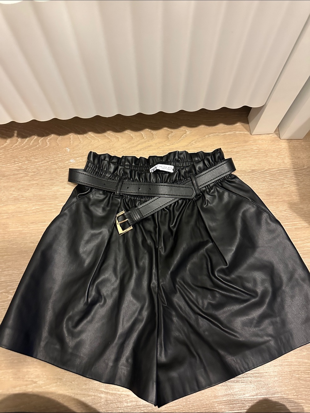 High-Waist Black Faux-Leather Paperbag Shorts with Belt